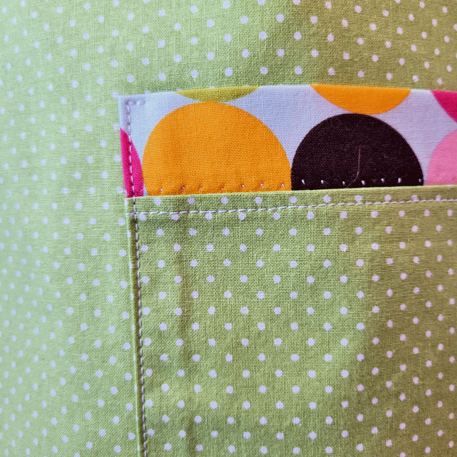 image of closeup stitching on lime green fabric with poka dot border on chef-in-you apron pocket