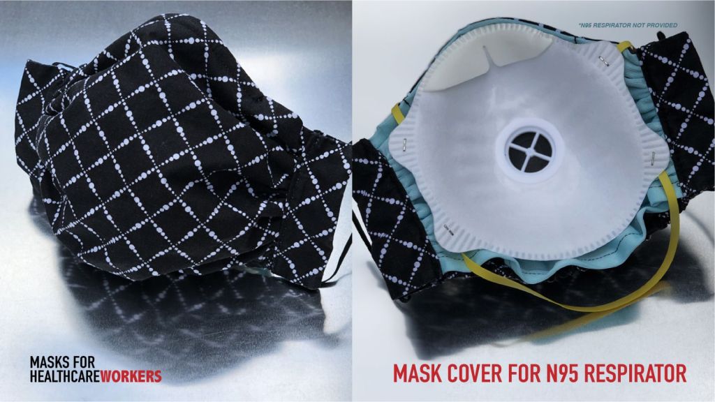 2 images of face mask in white and black pattern grid. Right image has N95 fitted in the cloth face mask
