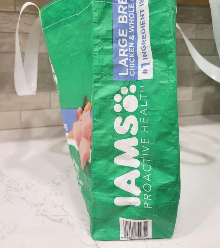 side view of upcycled reusable shopping bags made from Iams dog food bag
