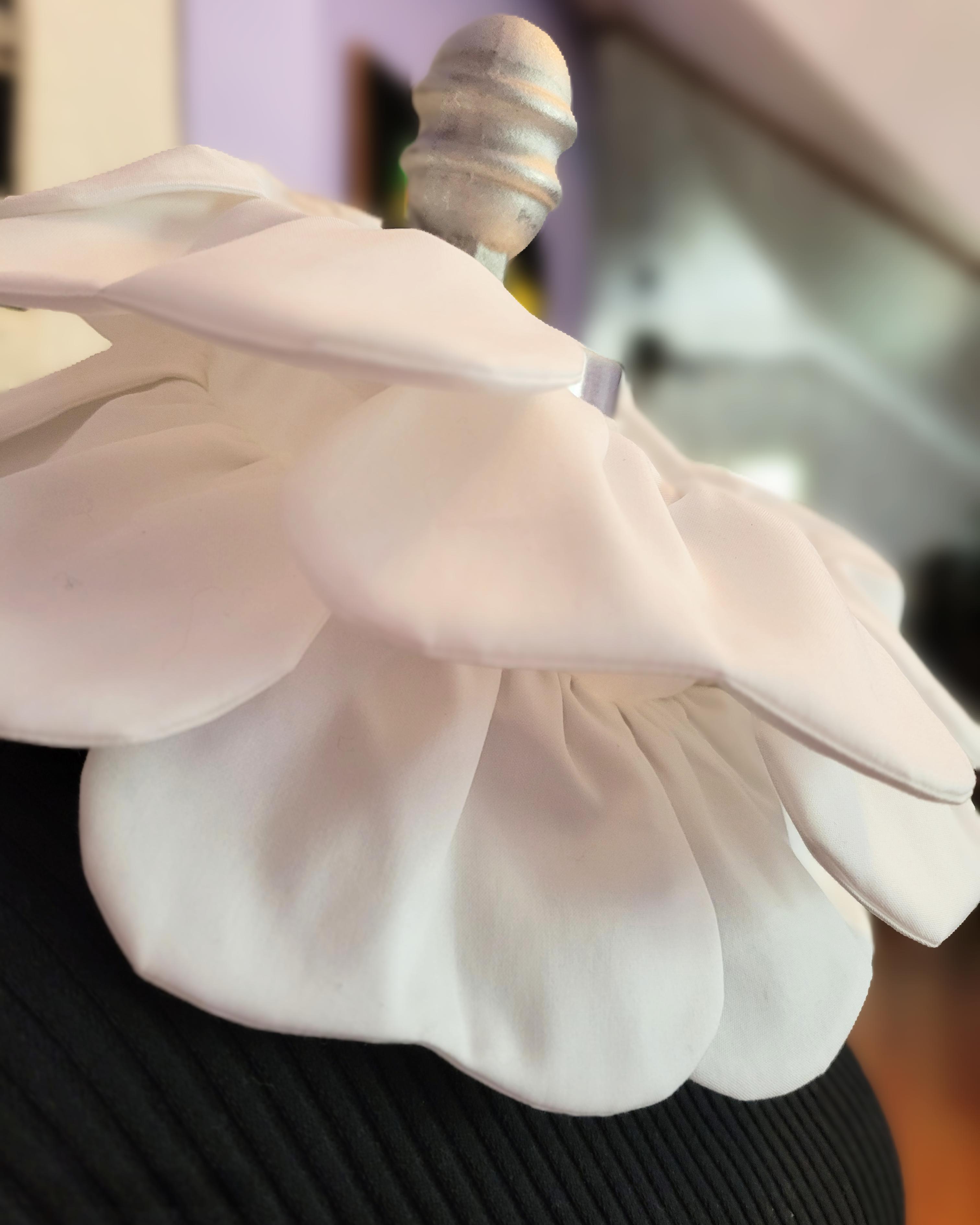 close-up view of upcycled 100% cotton white men's shirt into 1920s vintage inspired petal collar