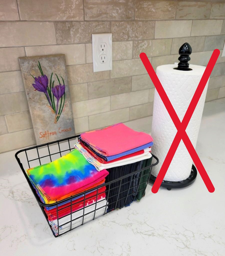 image of cloth towels as replacing paper towels, unpaper towels, with paper towels crossed-out in red