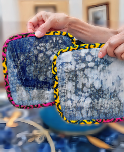 photo is of upcycled denim jeans to sustainable kitchen accessories, build circular economy