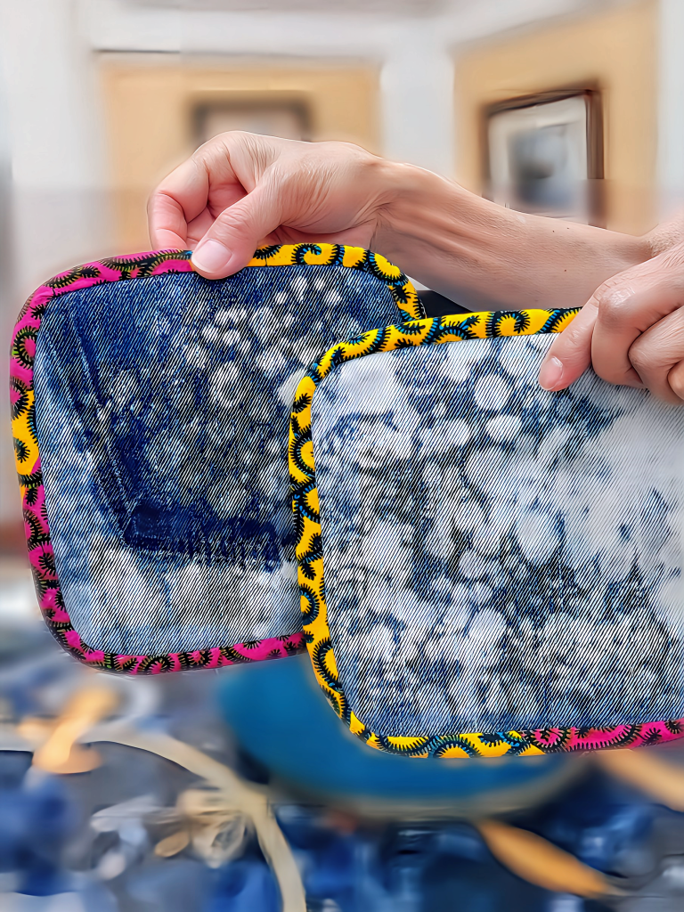 photo is of upcycled denim jeans to sustainable kitchen accessories, build circular economy