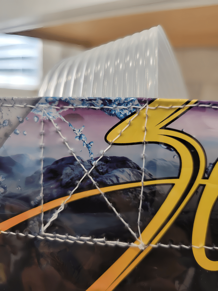 close-up view of Zignature dog food bag upcycled to reusable shopping bag