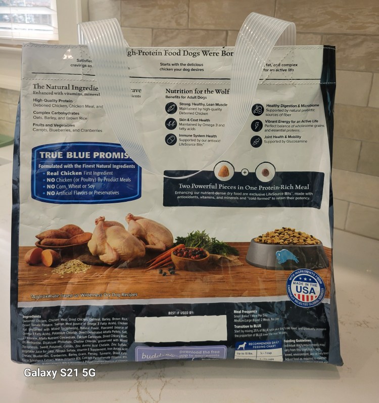image of bag of Blue Buffalo Wilderness dog food bag with clear vinyl handles