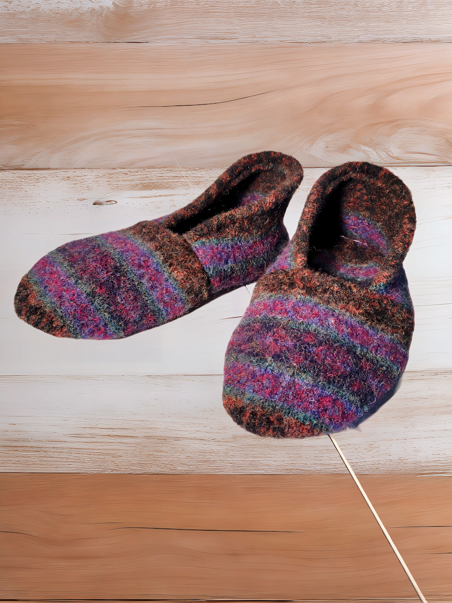 image of upcycled 100% wool sweater to slippers of multi-colors stripes