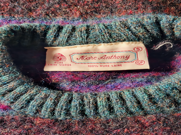 close-up view of vintage label Marc Anthony on 100% wool sweater