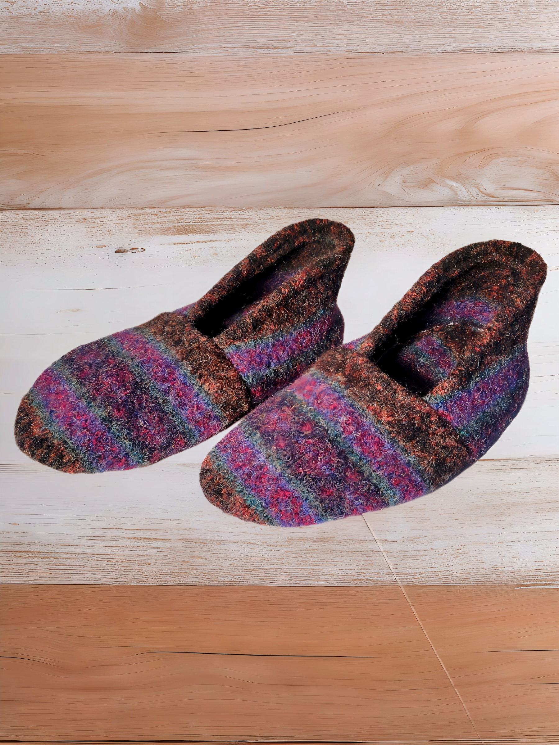 image of upcycled sweater slippers from 100% wool men's sweater with multi-color stripe design
