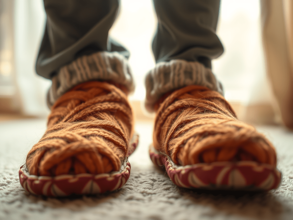 ai generated image of upcycled 100% wool sweater into slippers orange color with upcycled rubber soles