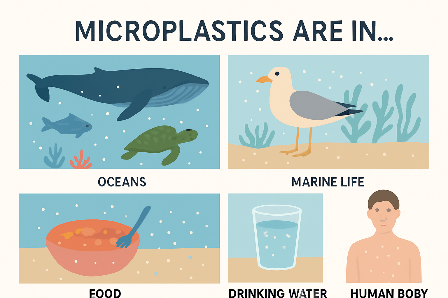 infographic on microplastics and where they can be found-ocean, marine life, fish, found, human bodies, drinking water